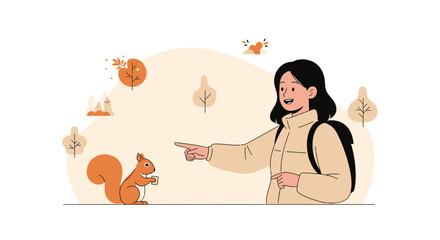 Cartoon illustration of a woman pointing at a squirrel in a park or nature landscape