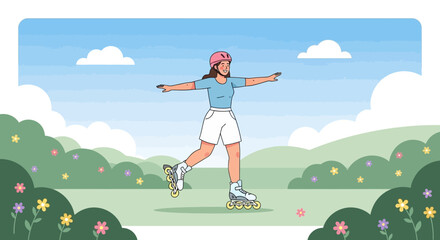 Cartoon illustration of a woman rollerblading in a park with happy expression