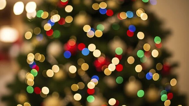 Outoffocus bokehstyle image of a Christmas tree with lights and ornaments