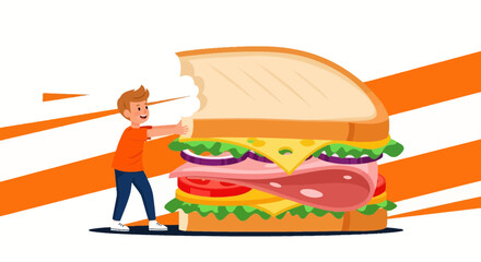 Cartoonish Young Boy Devouring Gigantic Delicious Sandwich, A Culinary Experience
