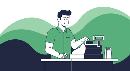Cashier Assisting Customer At The Counter With Modern Simplified Digital Design