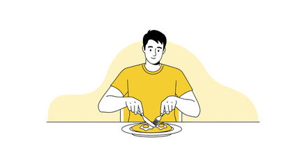 Casual Breakfast: A Man Enjoying Fried Eggs At The Table In Vibrant Yellow Tones