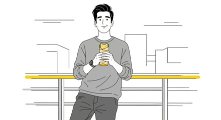 Casual Man Holding Food Looking Forward In Neutral Environment With City Background