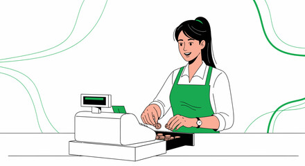 Cashier processing money transaction at a store in a business concept illustration