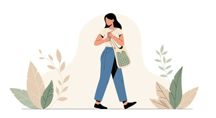 Casual Woman Walking With Bag Through Botanical Setting With Minimalist Style