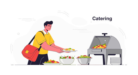 Catering Buffet Illustration: A Man Serving Food with Salads and Buffet Table