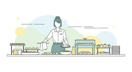 Catering Buffet Illustration Featuring Server And Various Food Choices Perfect for Dining