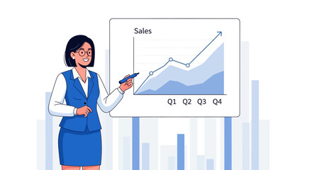 Businesswoman presenting a sales graph with increasing trends and quarter data visualization