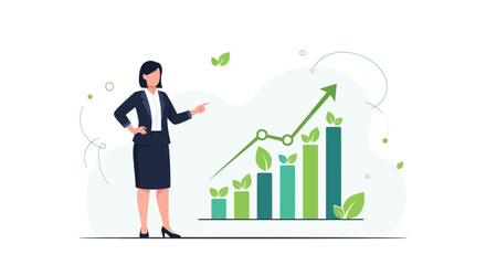 Businesswoman presenting a sustainable growth chart with green leaves and upward arrow