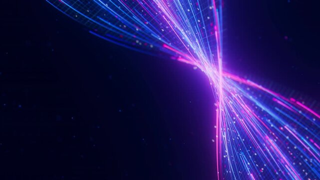 Closeup of Big data light speed warped flow. Abstract digital data stream of quantum computing. Cyberspace of qubit trail waves. Modern tech information transmission.
