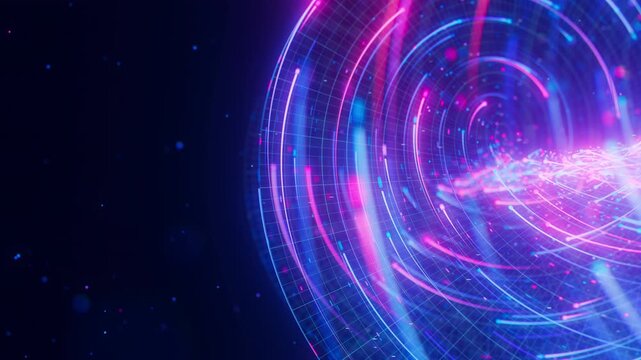 Inside of Big data light speed warped flow. Abstract digital data stream of quantum computing. Cyberspace of qubit trail waves. Modern tech information transmission.