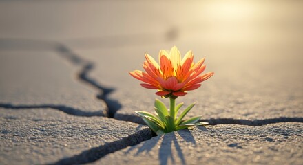 A vibrant flower blooms from a cracked surface, symbolizing resilience and beauty in harsh conditions.