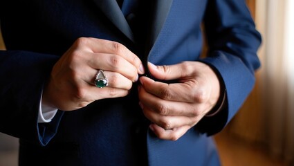 Man Buttoning a Dark Blue Suit Jacket with Emerald Ring