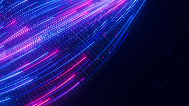 Closeup of Big data light speed warped flow. Abstract digital data stream of quantum computing. Cyberspace of qubit trail waves. Modern tech information transmission.