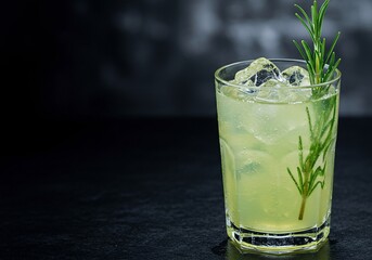Chilled Rosemary Sprig Cocktail Glistening with Bubbles on a Dark Slate Background