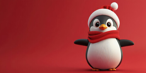 Obraz premium Christmas funny cheerful penguin in hat and gift holiday character, 3d illustration, playful pose isolated on red background, space for text