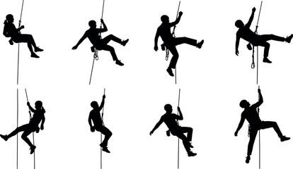 Silhouette vector set of rope climbers and rappelling poses with harnesses, gear, and dynamic action for adventure sport concepts