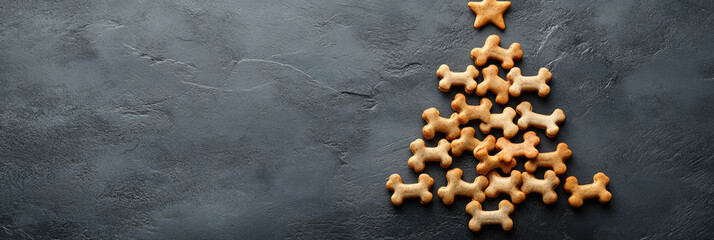 Bone-shaped dog biscuits forming a Christmas tree with a star on top, arranged on a dark gray background, creating a festive scene for pets during the holiday season. Banner, copy space, mock up