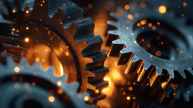 Close-up of interlocking gears with sparks, symbolizing industry and mechanics.