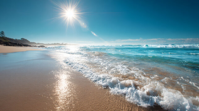 Beautiful sunny beach scene with waves crashing on the shore under a bright blue sky.