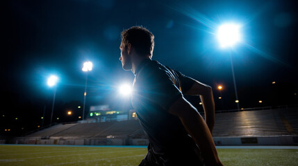 Backlit shot with strong contrast between player silhouette and bright stadium lights.