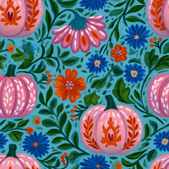 Folk Art Pumpkins Seamless Pattern
