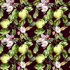 Seamless watercolor pattern with apples, branches, and leaves. Perfect for textile design, wallpaper, wrapping paper, kitchen decor, packaging, autumn themes, and botanical illustrations.