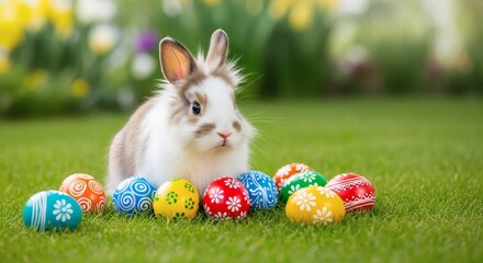 Easter Bunny with Painted Eggs on Grass