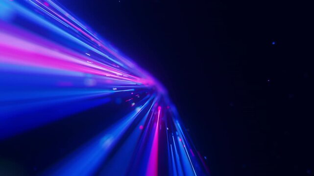 Big data light speed direct flow to infinity. Abstract digital data stream of quantum computing. Cyberspace of qubit trails. Modern tech information transmission.