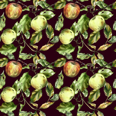 Seamless watercolor pattern with apples, branches, and leaves. Perfect for textile design, wallpaper, wrapping paper, kitchen decor, packaging, autumn themes, and botanical illustrations.