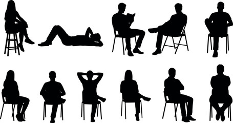 Silhouettes of people sitting and reclining in various poses on chairs and ground, showcasing posture diversity and ergonomic body language. © Natasha Laura 