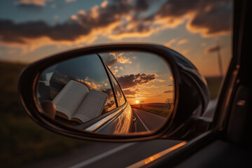 Car rearview mirror sunset view with open book and clouds