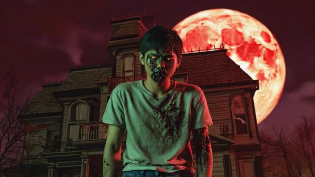 A zombie stands in front of a haunted house with a red moon in the background at night time halloween zombie video