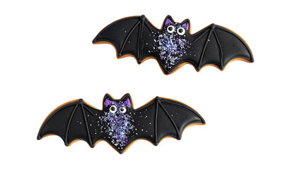 black Halloween bat cookies with glitter isolated on transparent background, png