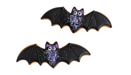 black Halloween bat cookies with glitter isolated on transparent background, png