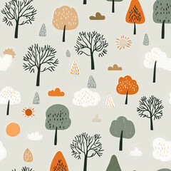 A pattern of trees and clouds on a white background