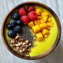 A bowl of fruit and granola with a yellow liquid in the middle. The bowl is wooden and has a mix of blueberries, raspberries, and mangoes