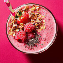 A glass of smoothie with strawberries and raspberries. The smoothie is pink and has a pink rim