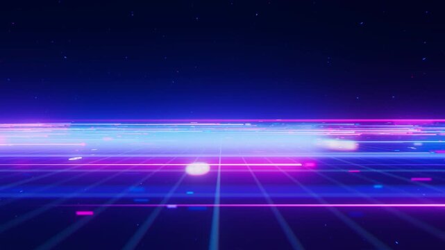 Closeup of Big data light speed direct flow to right. Abstract digital data stream of quantum computing. Cyberspace of qubit trails. Modern tech information transmission.