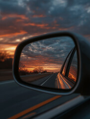 Car rearview mirror sunset view with open book and clouds