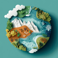 The image is a paper cutout of a beautiful landscape featuring mountains, trees, and a river. The scene is peaceful and serene, with the mountains in the background and the trees