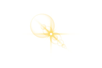 Bright golden yellow lens flare with shining sun rays and radiant sparkle light effect illustration glowing starburst energy orb reflection on transparent background