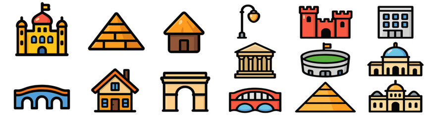 Various architectural landmarks and structures illustrated in a colorful and modern design for educational purposes