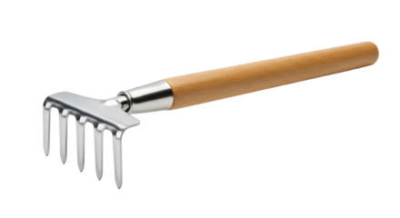 Metal garden rake with wooden handle isolated on transparent background
