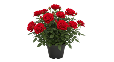 Red roses in a pot isolated on transparent background, a beautiful red flower
