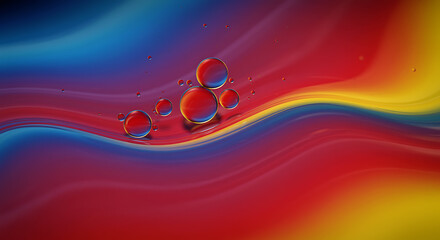 Red blue yellow oil water bubbles abstract background