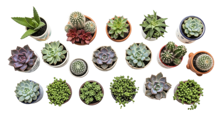 Collection of diverse succulent plants isolated on transparent background
