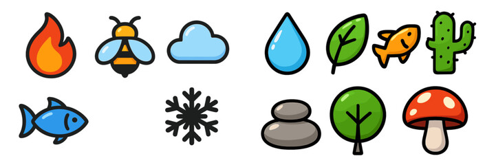 Colorful collection of nature-themed icons featuring fire, insects, plants, animals, and weather symbols in a vibrant design