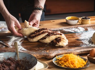 A person carefully shapes a doughy Cozonac, filled with chocolate, on a floured wooden board. Ingredients such as eggs and shredded squash are nearby, ready for baking