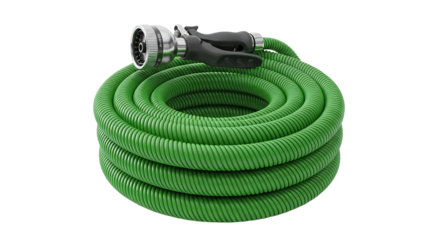 Green garden hose coiled isolated on transparent background, ready for watering